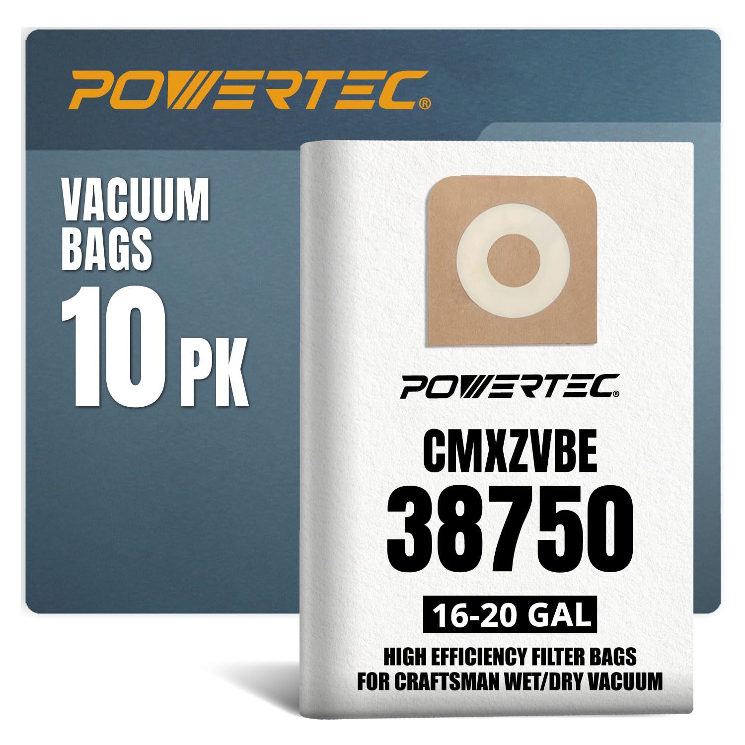 38750 Shop Vac Bags for Fine Dust, Works for Craftsman 16-20 Gallon Wet/Dry Vacuums, 16-20 Gal. Shop Vacuum Bags CMXZVBE38750 for Craftsman CMXEVBE17595 and CMXEVBE17607 Wet Dry Vac, 10 Pack