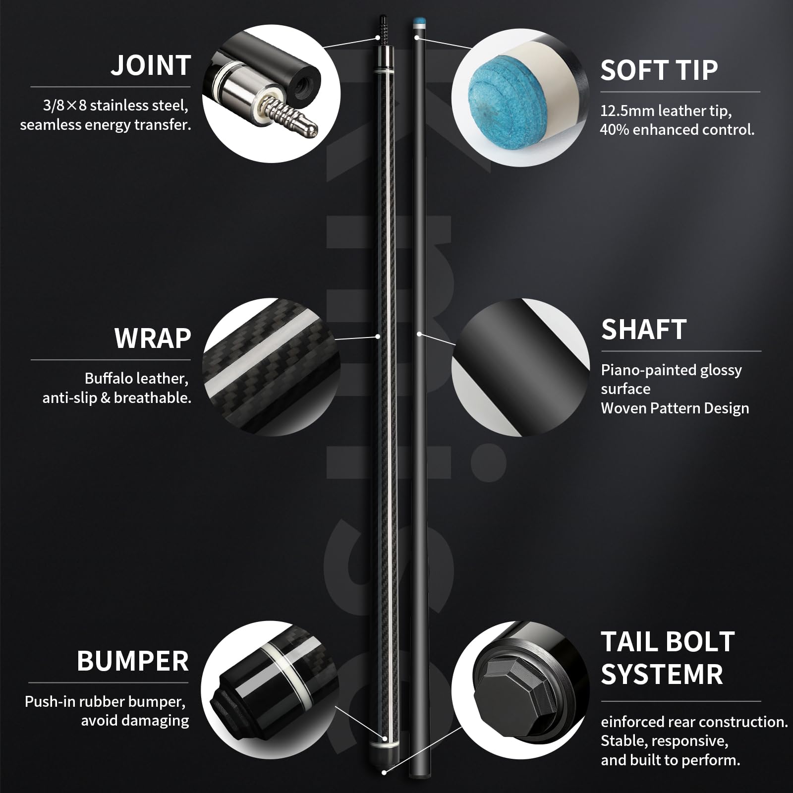 Kmise Carbon Fiber Pool Cue Stick 58", Billiard Cue Sticks 21-23oz, Low Deflection Pool Cue with 12.5mm Tip, Professional Billiard Carbon Fiber Pool Sticks for Adults - 3