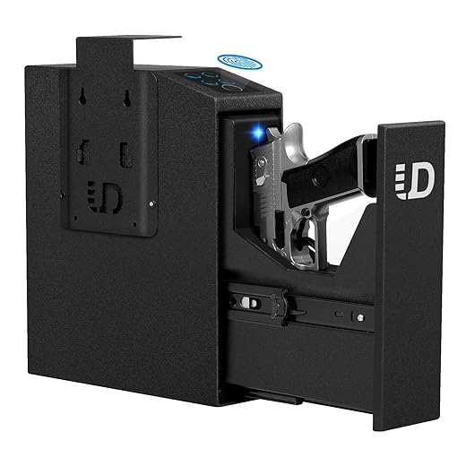 Urban Deco Biometric Slider Gun Safe For Handgun, Quick Access Pistol Safe For Nightstand, Auto Sliding Door Hand Gun Safe For Car, Desk, Bed Side With Fingerprint, PIN Code, KEY Access