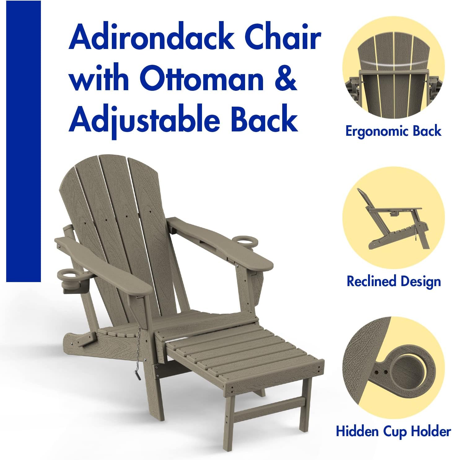 BRIOPAWS Folding Adirondack Chair with Adjustable Backrest & Ottoman, Wood Texture All-Weather HDPE Outdoor Chairs w/Cup Holders & Retractable Footrest for Poolside, Fire Pit, Campfire, Light Brown