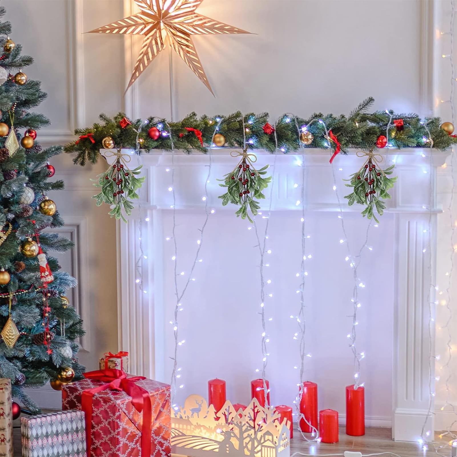 Mistelzweig Künstlich, Simulierte Weihnachts Mistelzweig Dekoration, Künstliche Mistelzweige Mit Frostbeeren Und Schleife, Mistelzweigs Hängedeko weihnachtens, Beerenstiele Ornament Für Girlande(Rot)
