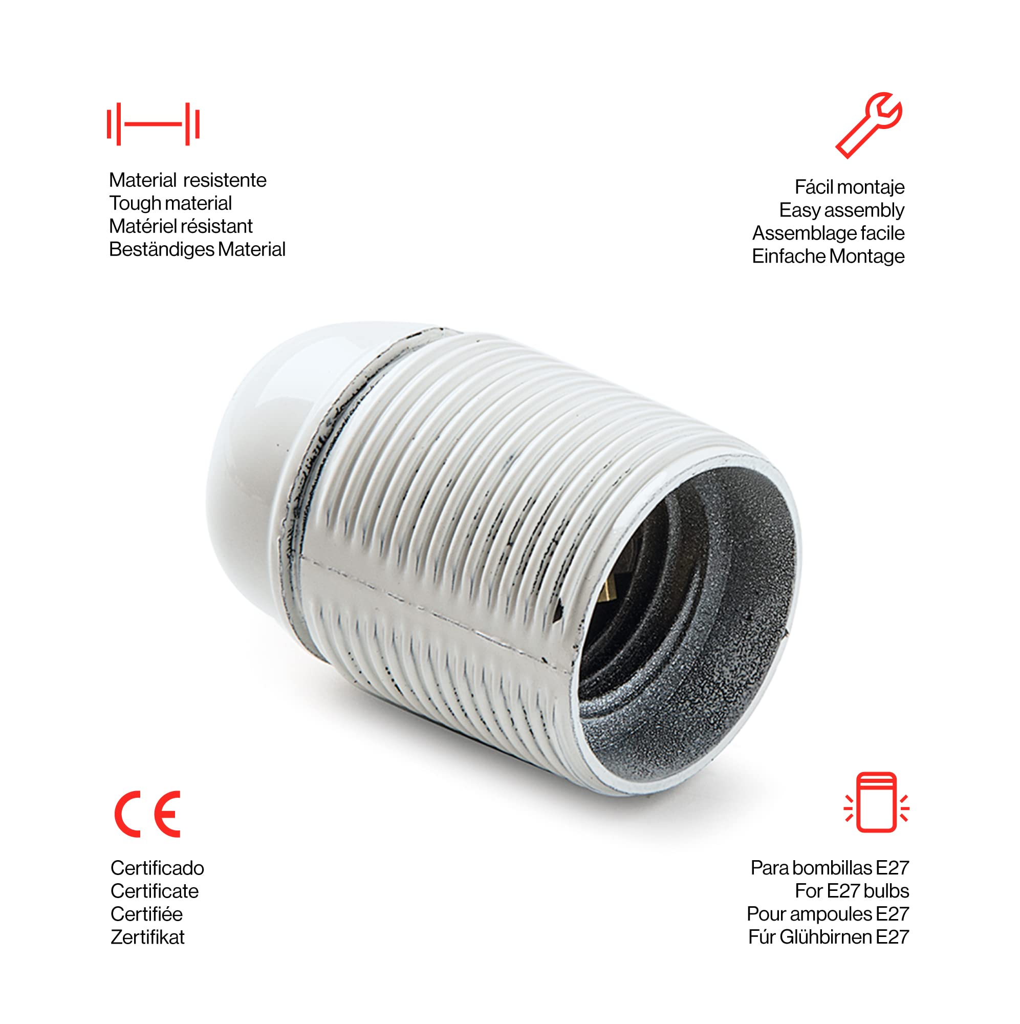 FAMATEL – Portalámparas roscado | Baquelita | Bombillas E-27 | 4A | 250V | Blanco