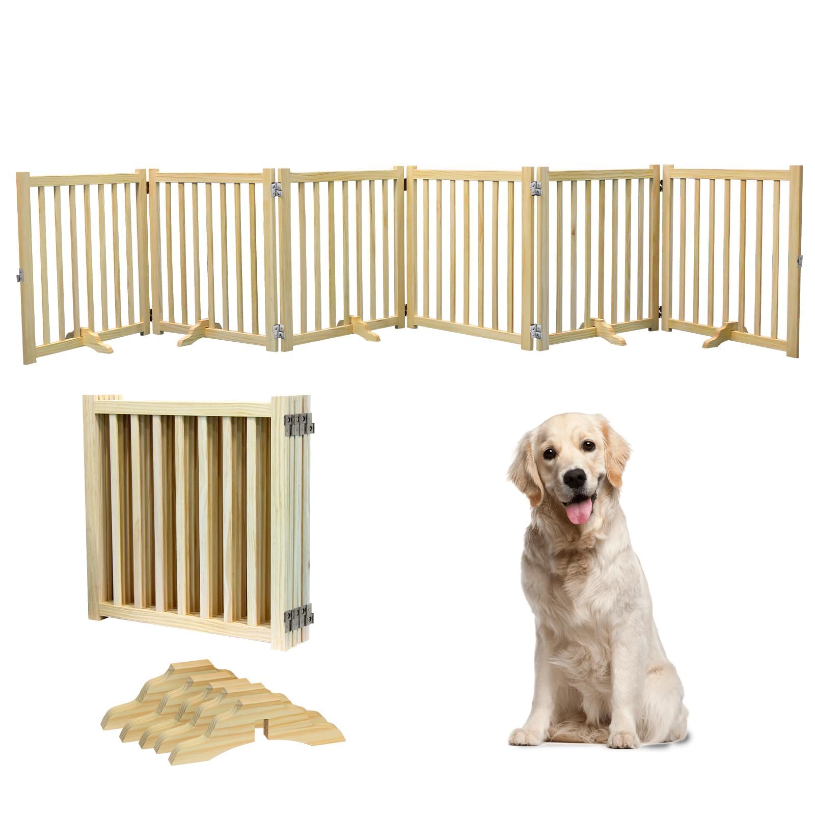 HEEOREV 木製ペットゲート ペットゲート ベビーゲート 犬用ゲート （長さ365cm 、高さ60cm） 折り畳み式ゲート 柵 犬 ゲート 安全柵 猫 ドアフェンス 室内 猫 大型犬 脱走防止 軽量 ペット保護 取り付け簡単 場所を取らない 収納しやすい 省スペース シンプルでスタイリッシュ（6つのパネル）