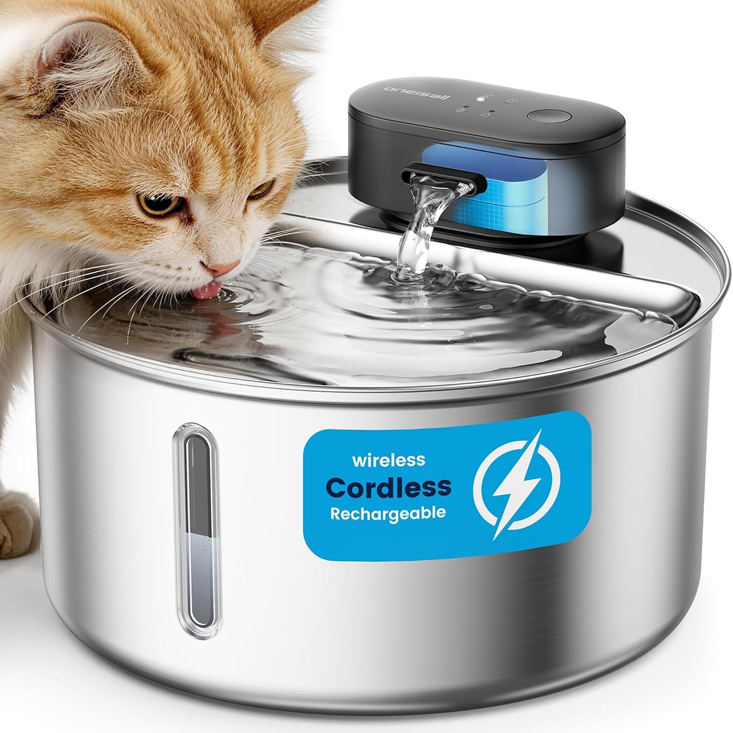 oneisall Fuente para gatos Kabello, 3,2 L, acero inoxidable, fuente para gatos inalámbrica con detector de movimiento, bomba SilentFlow™ de 20 dB, filtro de carbón activo, fuente de agua para gatos