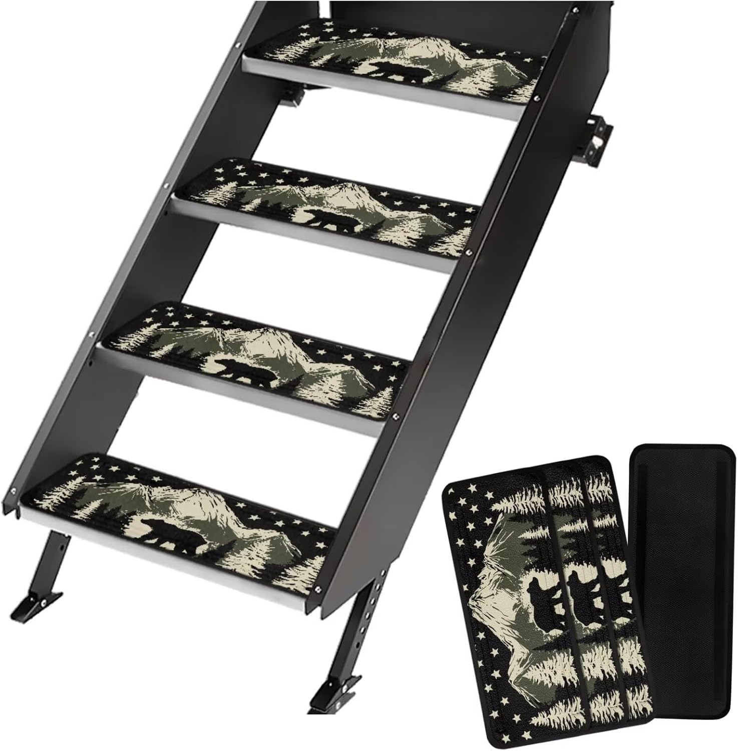 Boatee Bear Mountain RV Step Carpet RV Step Covers RV Step Rug Non Slip RV Stair Covers 4 Pack Camper Step Carpet Covers Easy to Install Trail Scrubber RV Step Cover Camper Must Haves Black