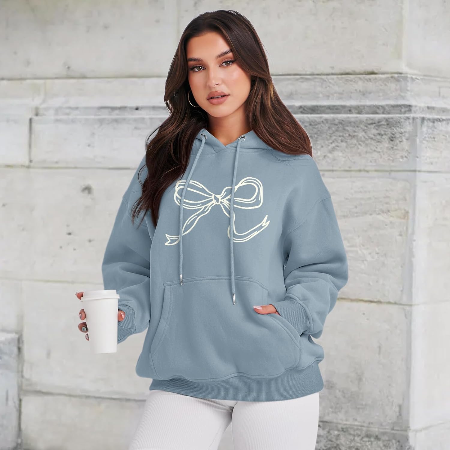 Bow Cute Hoodie for Teen Girls Graphic Hoodies Preppy Trendy Sweatshirt Aesthetic Print Casual Pullover Sweatshirts(Bluegray,XL) - Image 4