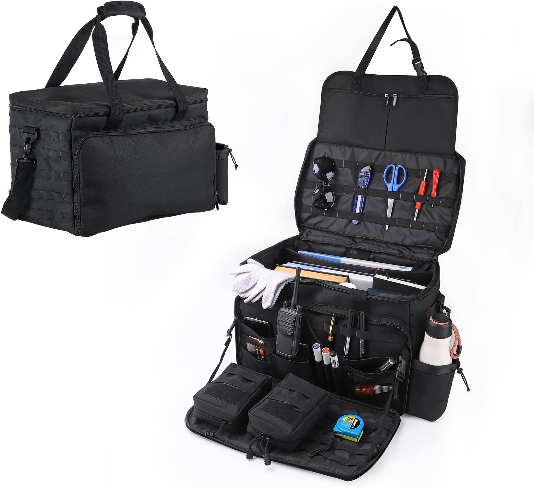 Patrol Bag Police Equipment Car Front Seat Organizer for Law Enforcement with 2 Detachable MOLLE Pouches & Laptop Layer (up to 15.6"), Tactical Bag Car Seat Storage Bag Black