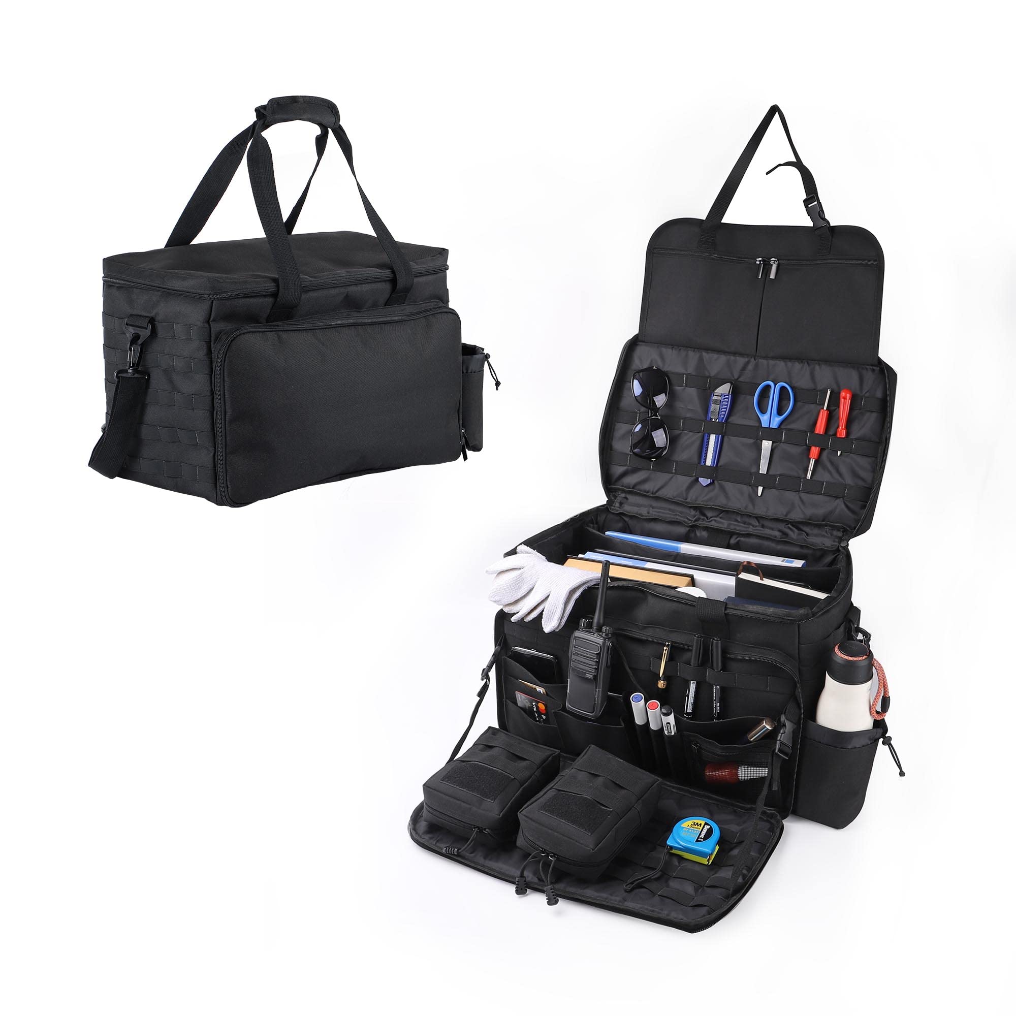 Patrol Bag Police Equipment Car Front Seat Organizer for Law Enforcement with 2 Detachable MOLLE Pouches & Laptop Layer (up to 15.6"), Tactical Bag Car Seat Storage Bag Black