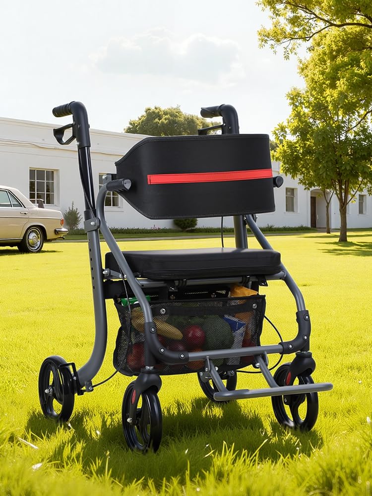 Andador plegable ligero para personas mayores de 8 pulgadas, altura regulable de 31 a 36 pulgadas, sistema de frenado doble, ruedas de goma de 360°, aluminio, capacidad de carga de 100 kg, color