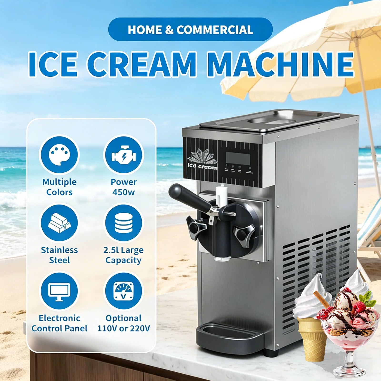 Sweet Sundae - Macchina per Gelato, Gelatiera, 2.5 L, Compressore Autoraffreddante, 450 W, Sistemas di Erogazione, Pulizia Automatica, Acciaio Inox Grey