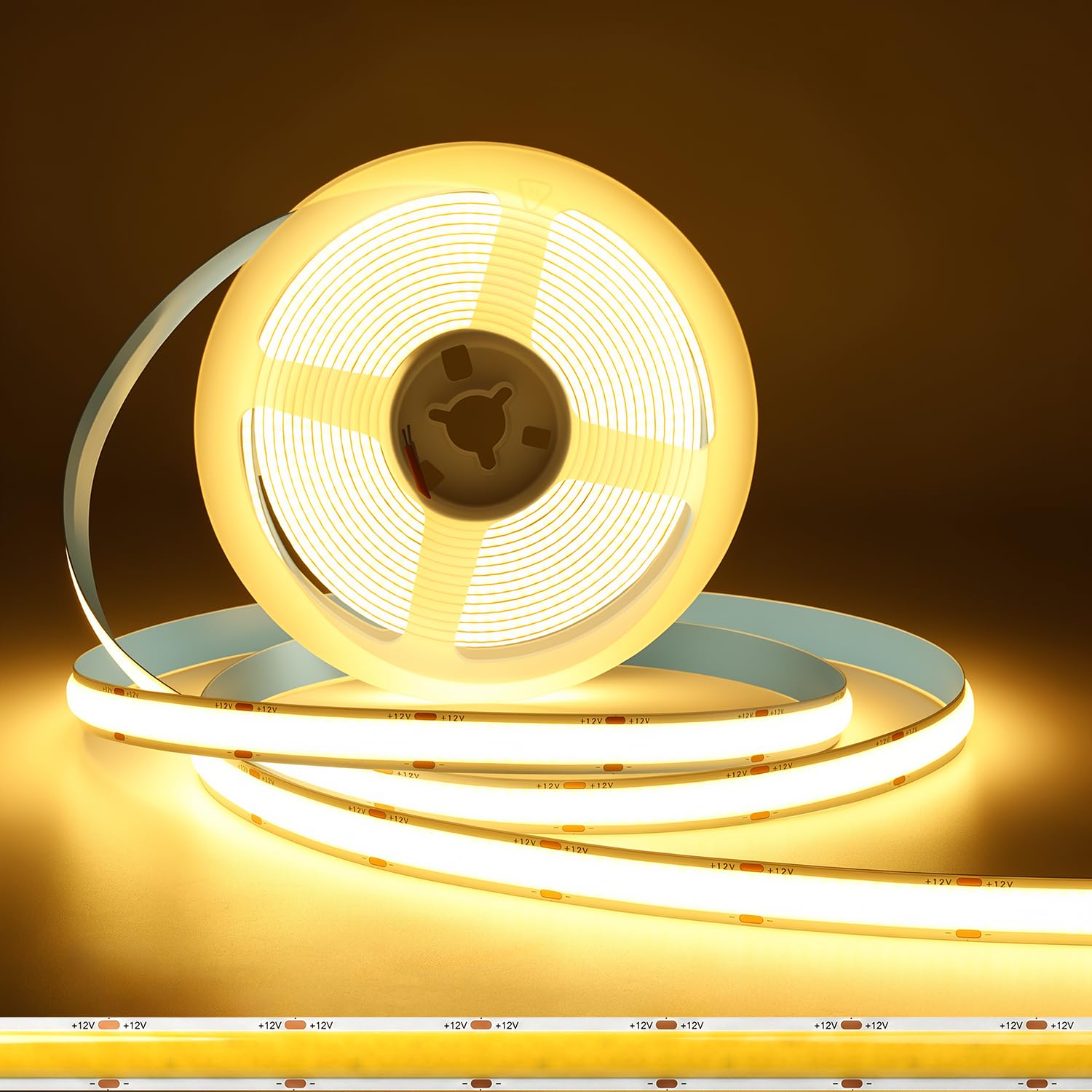 FWoche Double Row COB LED Strip 12 V Warm White 3000 K 5 m 12 mm Wide without Power Supply 624LEDs/m High Density CRI90+ Dimmable Self-Adhesive LED Strip Super Bright for Indoor Lighting