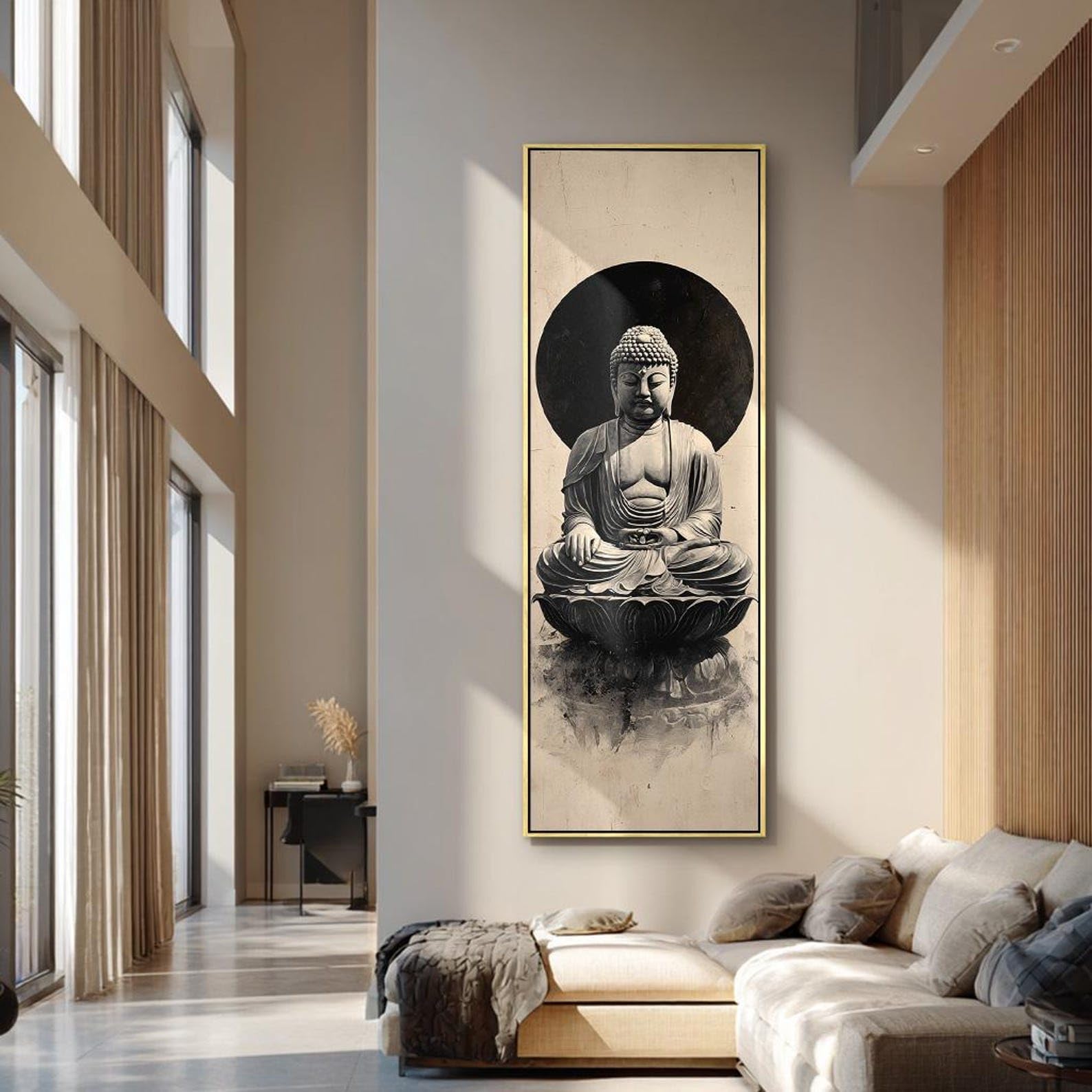 YUSUZHU Tela artistica Yoga, decorazione murale spirituale, stampa del Buddha in meditazione, dipinto del Buddha alto e stretto, opera d'arte su tela verticale (20x60 cm/cornice interna)