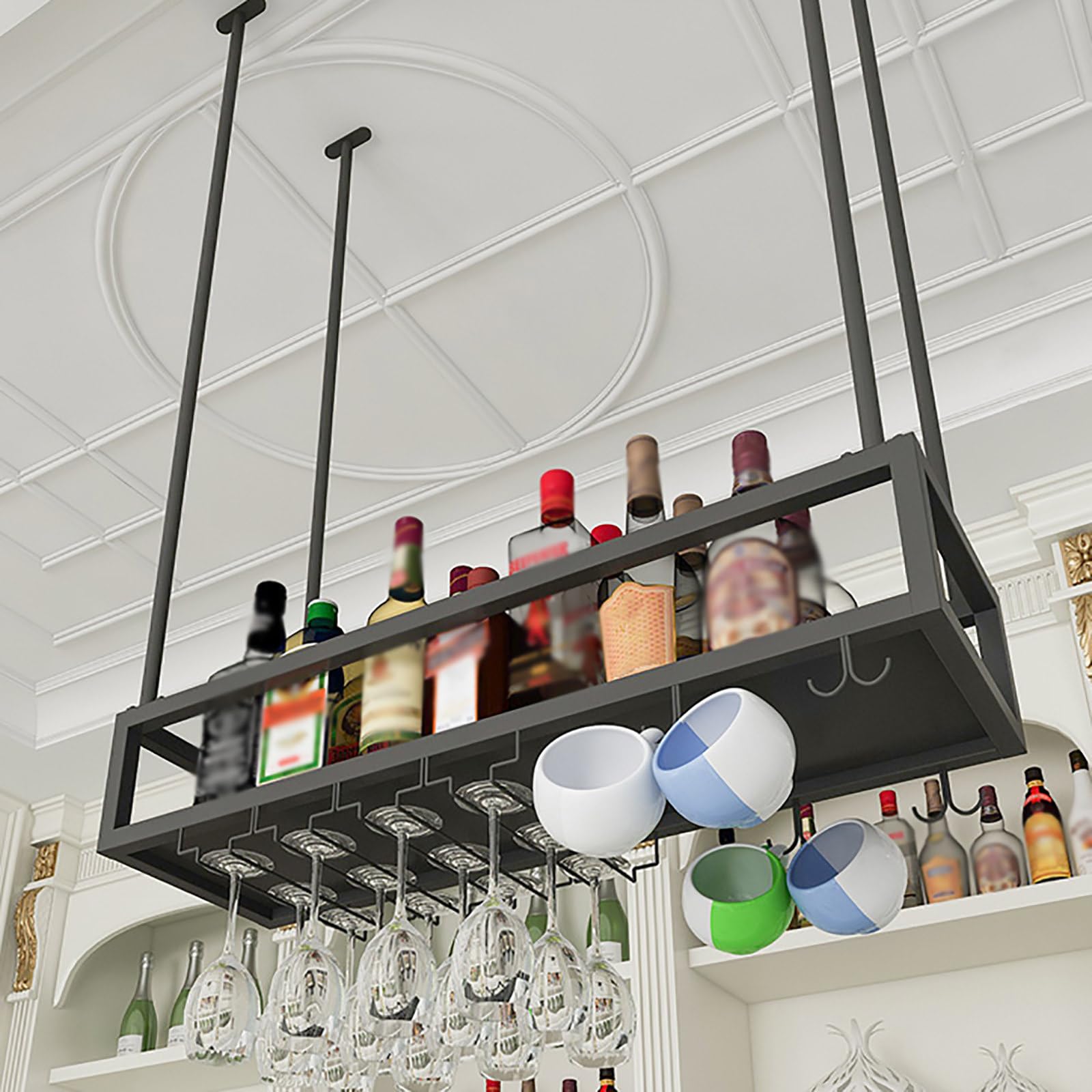 Casier à vin suspendu en métal avec support de verre réglable pour cuisine et bar