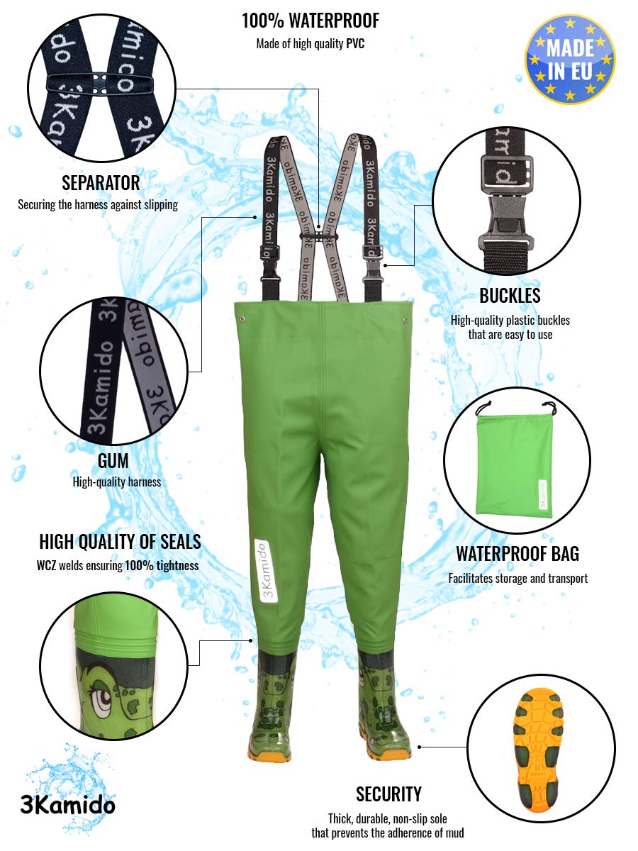 Trampolieri per Bambini giovanili - 10 Modelli, Vita Regolabile, Bretelle Resistenti, Fibbia FixLock Nexus, Stivali da Pesca, 20-35 EU, Waders Pesca Salopette