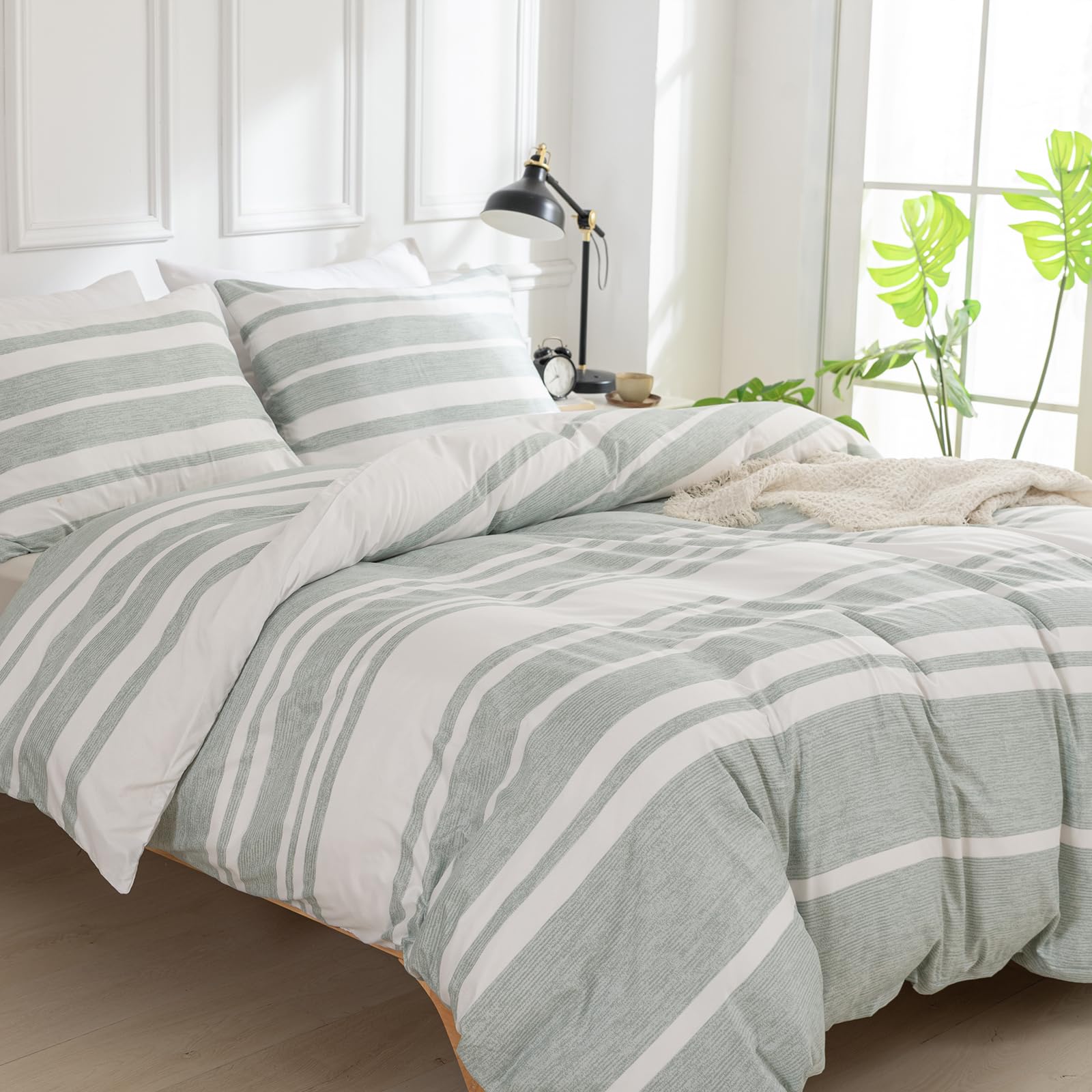 TTCM King Size Duvet Cover Sets, Mint Green and White Stripe King Duvet Cover Set Soft Microfibre Polyester Bedding Set