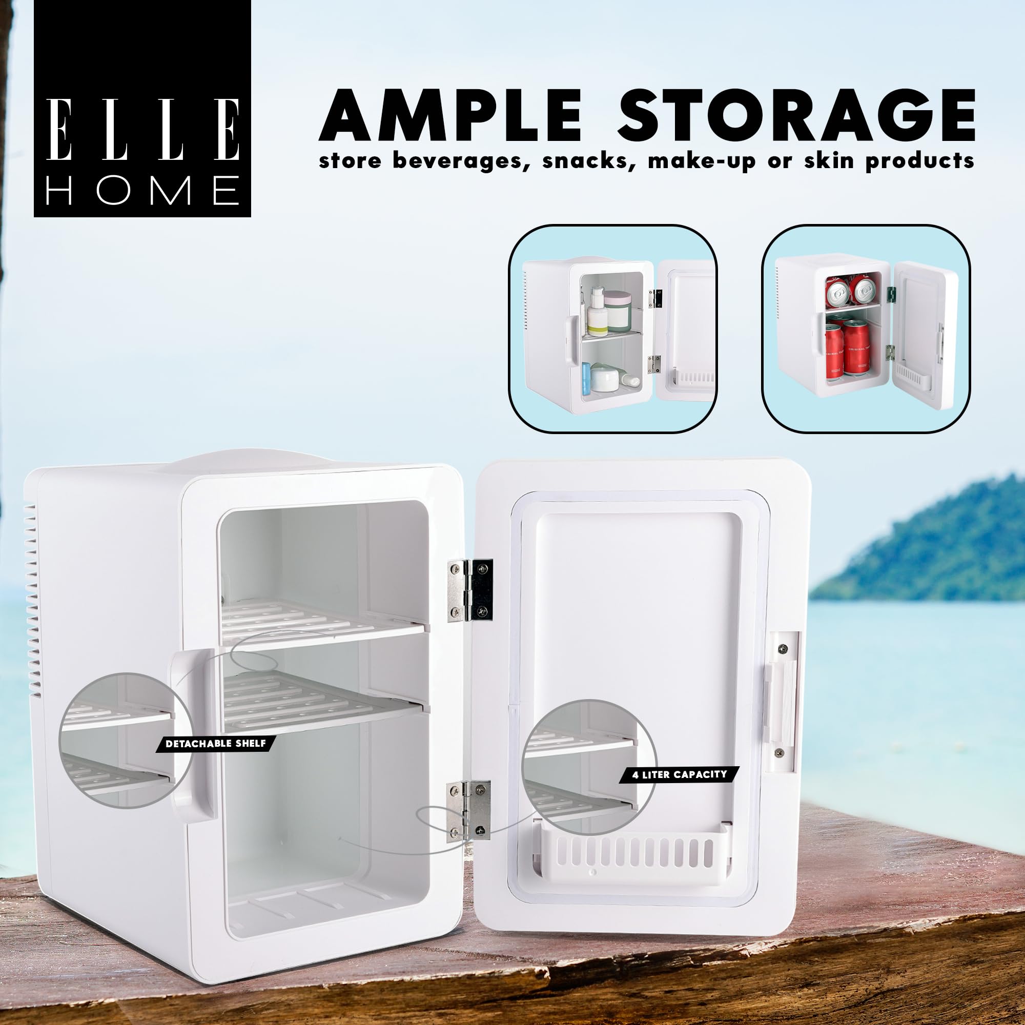 ELLE Mini Frigo Cosmetico 6L con Specchio LED - Frigorifero Bellezza Caldo & Freddo per Skincare, Cura e Cosmetici, Illuminazione LED Integrata, Mensola Rimovibile, Maniglia di Trasporto - Viola