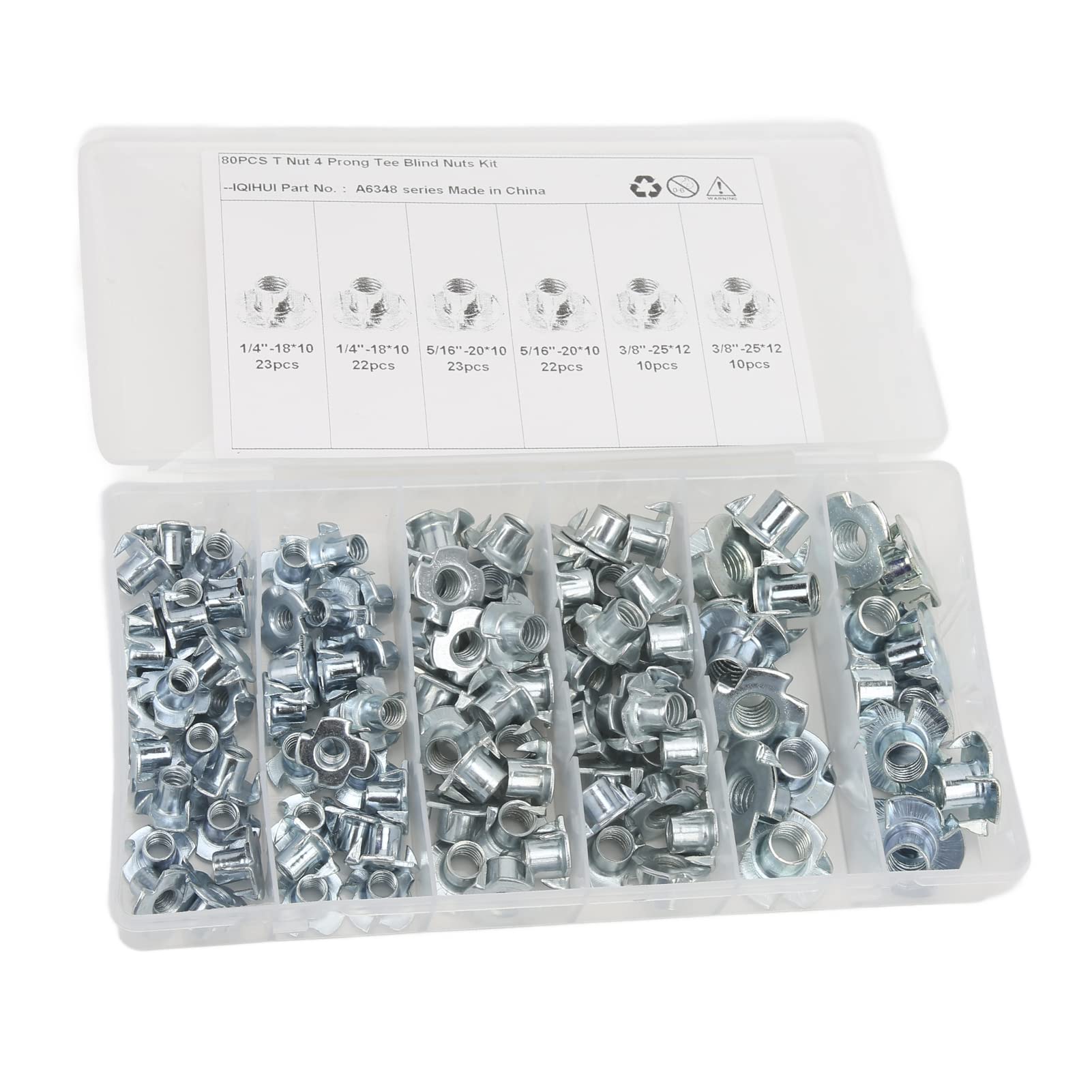 110Pcs T Nuts 1/4in 5/16in 3/8in Steel Galvanized Rustproof Pronged Tee Nut