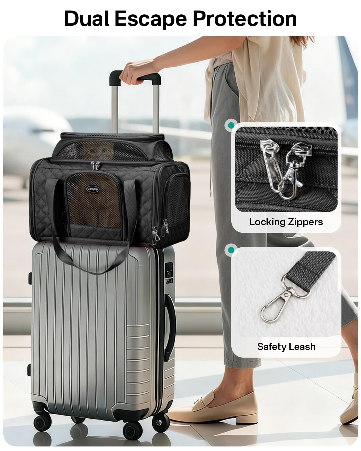 CarryTip Cat Carrier Airline Approved 17x11x9.5 Inches, Top Expandable Soft Sided Pet Travel Carrier for Cats & Small Dogs, Fits Under Airline Seat with Locking Zippers, Black - image 4