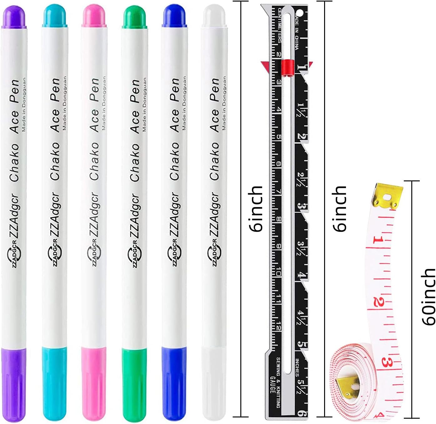Fabric Markers Pens, 6 Color Water Soluble Erasable Marking Pens, 1 Pcs Gauge Sewing Measuring Tool, 1 Soft Tape Measure, for Tailor's Disappearing Ink Pen, Sewing Fabric Markers and Tracing Tools