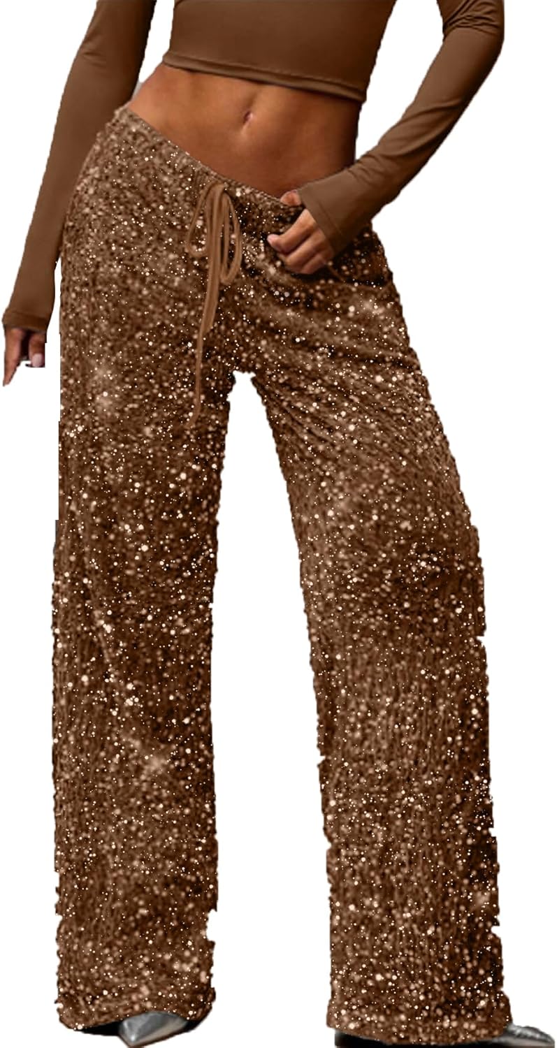 Women Sequin Pants Maxi Wide Leg Party Club Shiny Costume Trousers