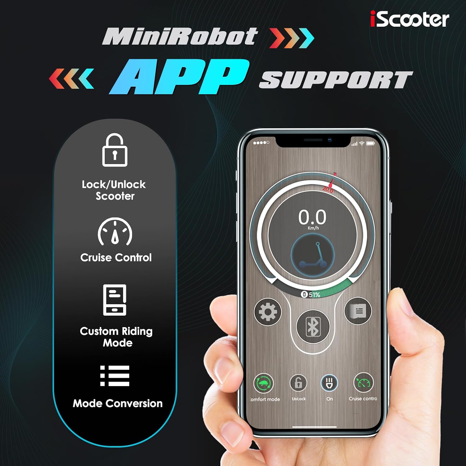 Smartphone screen displaying the MiniRobot app interface with options for lock/unlock, cruise control, custom riding mode, and mode conversion.