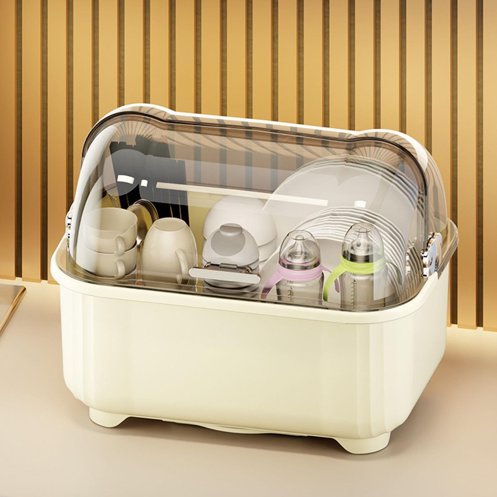 Gralara Escurridor de Platos con Tapa, Resistente al Polvo, Bandeja para secar Platos, Soporte para Tenedores, Tazas y Cuencos, Blanco Lechoso