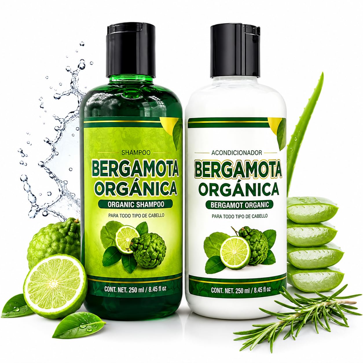 Shampoo Organic Bergamot + Conditioner (16.9 fl oz) with Aloe Vera & Rosemary | SHAMPOO ORGÁNICO BERGAMOTA con Sábila & Romero + Acondicionador - 500 ml - Biotina
