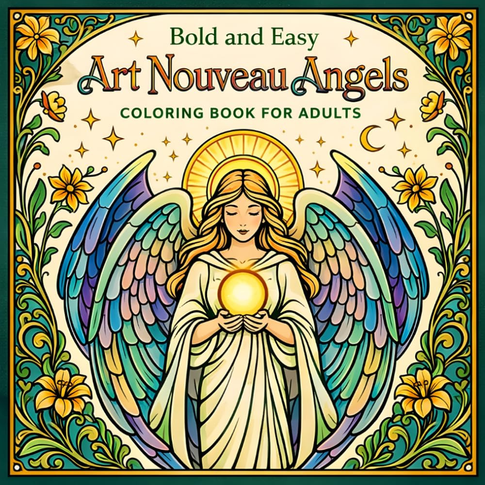 Bold and Easy Art Nouveau Angels: Coloring Book for Adults with Celestial and Floral Designs