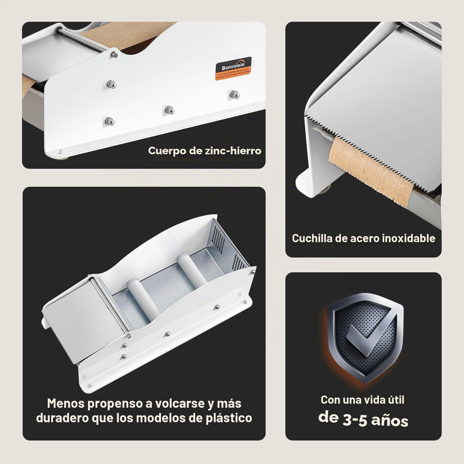 Bonvoisin Distribuidor Manual de Cinta Activada por Agua para Papel Kraft | Para Cinta Adhesiva 25-90 mm, Cuerpo de Acero, Cuchilla de Acero Inoxidable, Depósito de Agua para 3-5 Horas