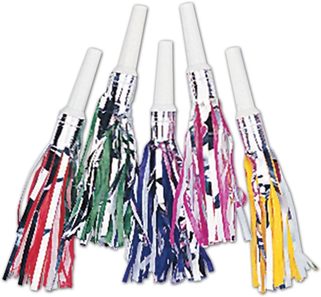 Club Pack of 100 Metallic Multi-Colored Fringed Trumpet Noisemaker Party Favors
