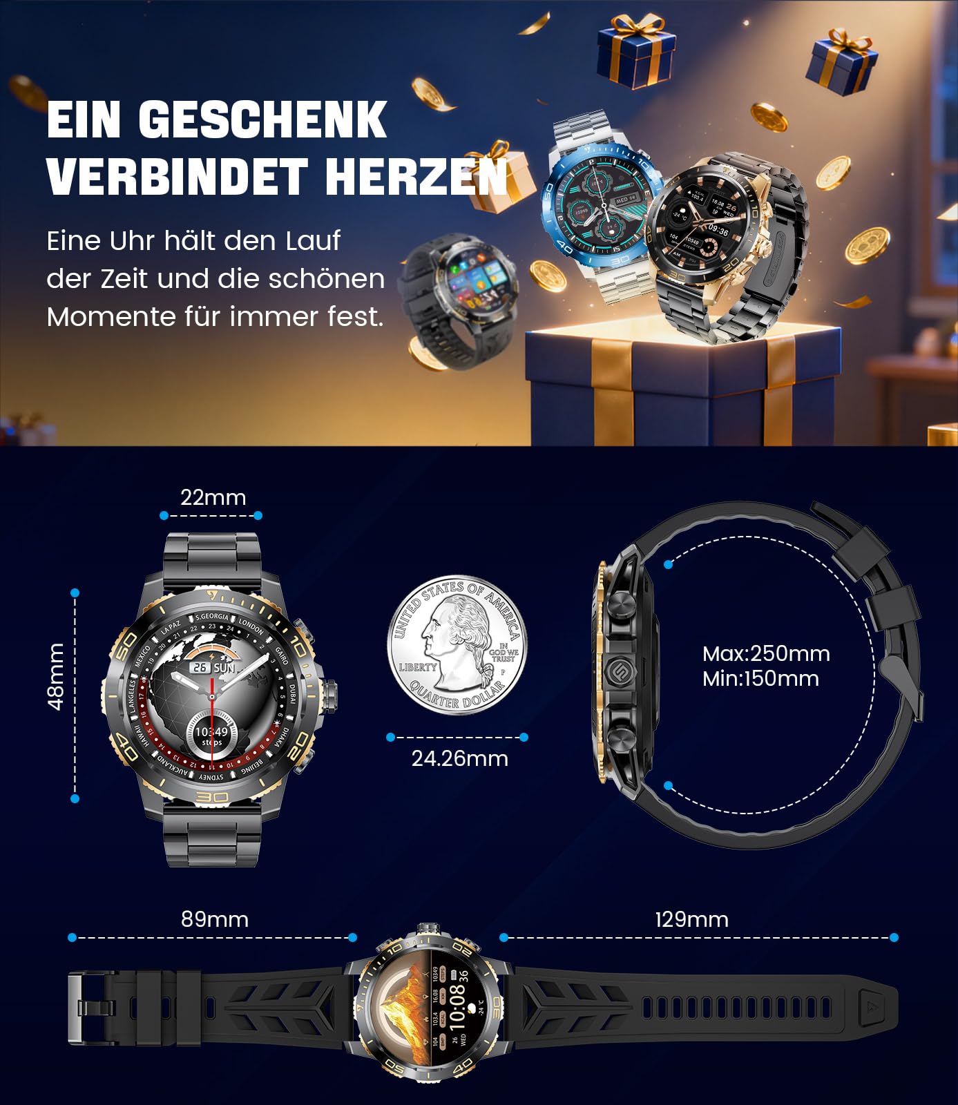 LIGE Montre Connectée Homme avec 800mAh, 1,43" AMOLED Business Smartwatch Homme avec Appel Bluetooth, 200+ Modes Sportifs, Fréquence Cardiaque, SpO2, Suivi du Sommeil pour Android iOS 2 Bracelet Noir