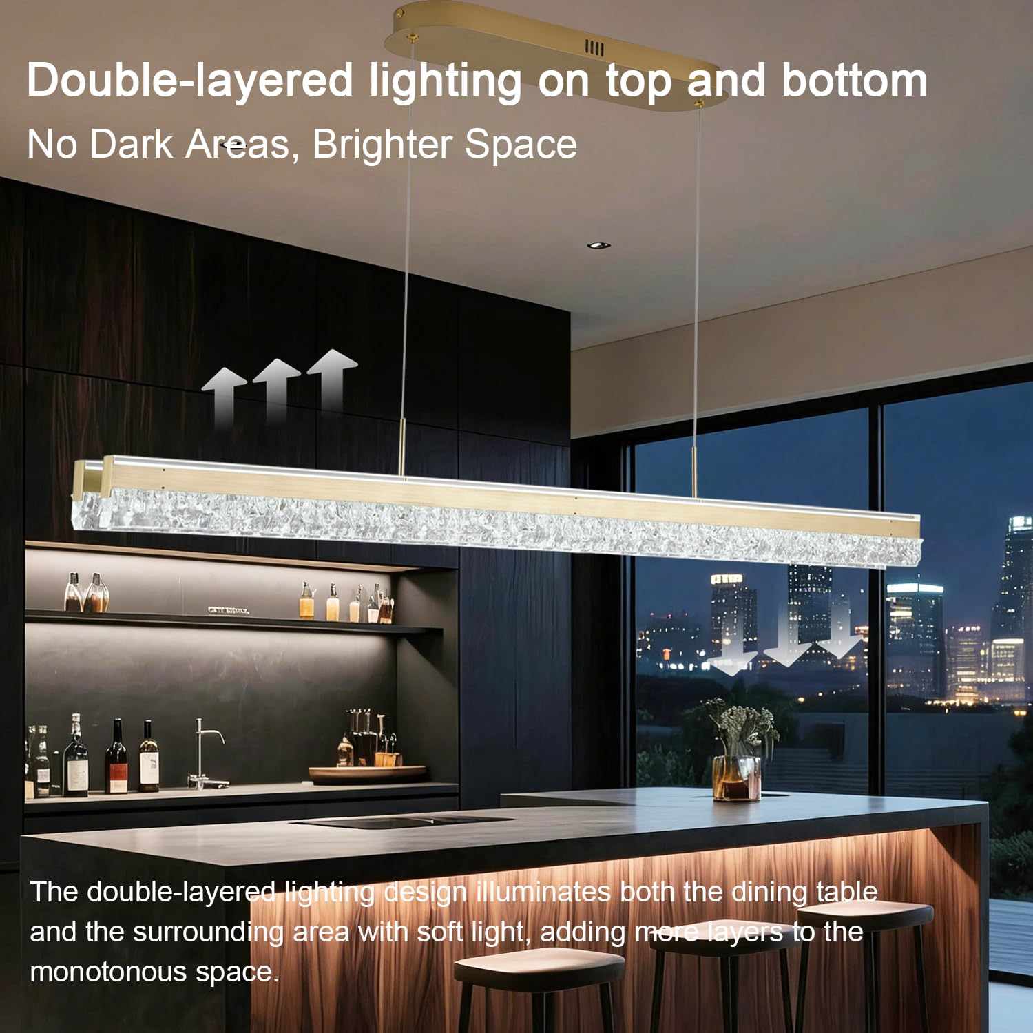 Goldene LED Pendelleuchte Moderner Kronleuchter Linear Kristall Esstischlampe Hängend Kücheninselbeleuchtung Minimalistische Dimmbare Deckenleuchte für Esszimmer mit Fernbedienung