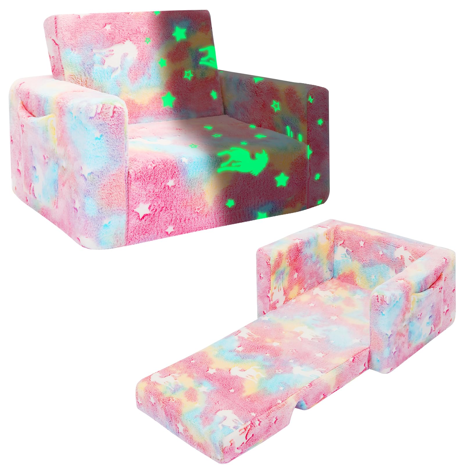 SLIGUY Sofá Plegable para Niños, Convertible a Tumbona, Extraíble y Brillante en la Oscuridad - Regalo para Pequeños (Unicornio Rosa)