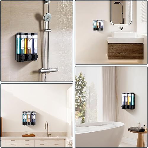 Miniatura 2 de Dispensador de champú y acondicionador, dispensador de jabón de ducha, 3 cámaras, sin taladro, dispensador de champú para ducha, botella montada en