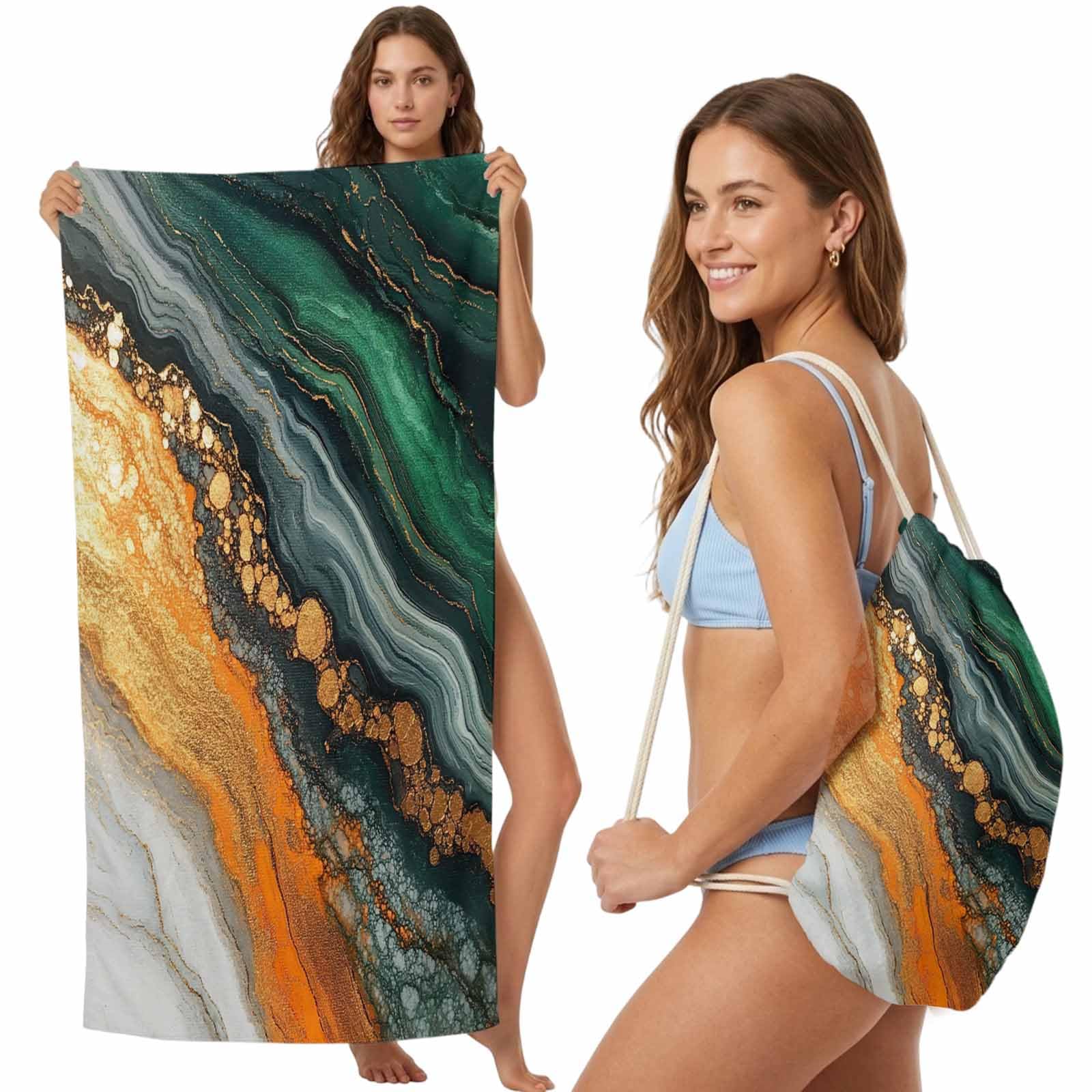 FWJZDSP Beach Towel Backpack Convertible Abstract Mable Sand Free Quick Dry Towel Bag Texture Painting Beach Towel with Adjustable Straps for Travel Swimming Pool Beach Accessories 31.5x63in