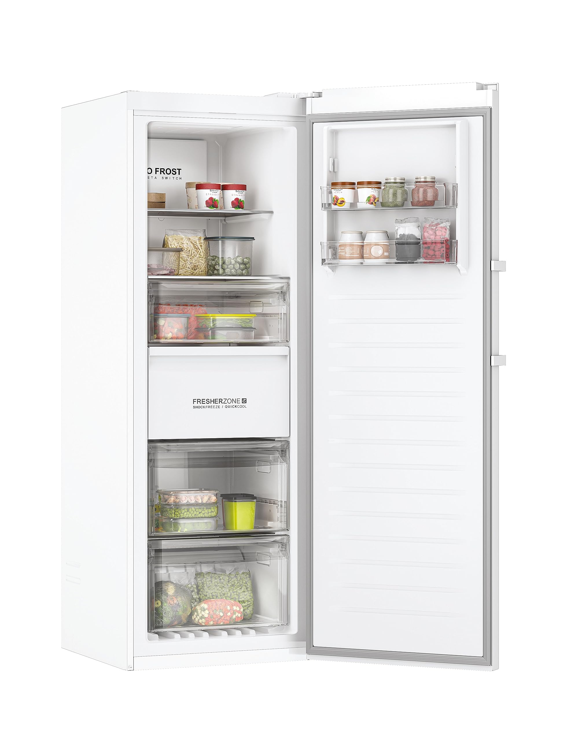 Haier Instaswitch Congelatore Verticale a Cassetti, 285 Litri, Monoporta, Connessione Wi-Fi e BLE, No Frost, con Luce LED, Classe E, Libera Installazione, 59,5 x 67,5 x 171 cm, Bianco - H3F285WEH1