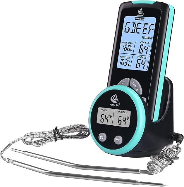 AIMILAR Wireless Meat Thermometer for Cooking - Dual Probe Remote Digital Meat Temperature Thermometer Magnetic for Grilling and Smoking with Timer Alarm for Kithen Oven (Blue)