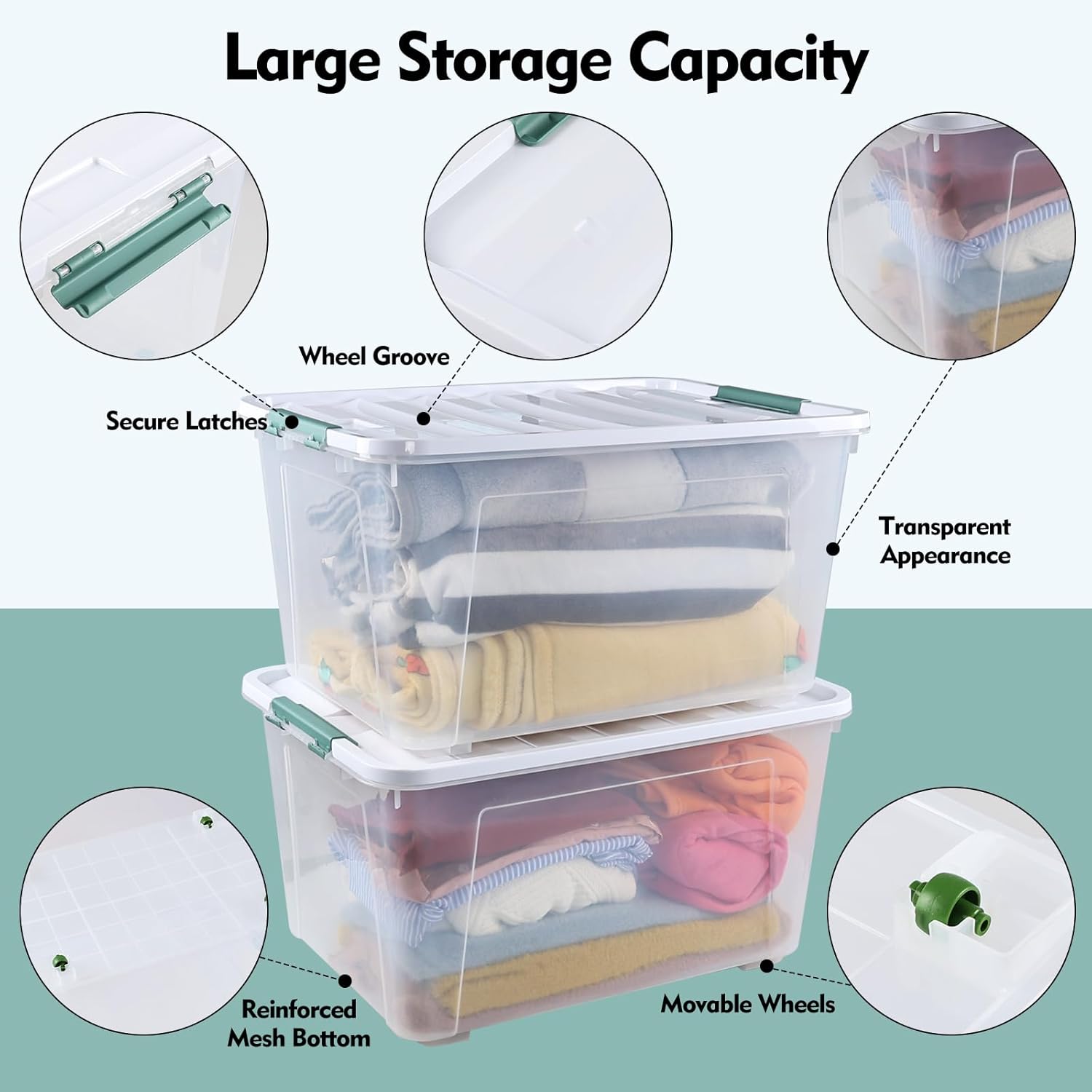 85 Quart Plastic Storage Bins with Wheels, Large Clear Latching Storage Box, 4 Pack