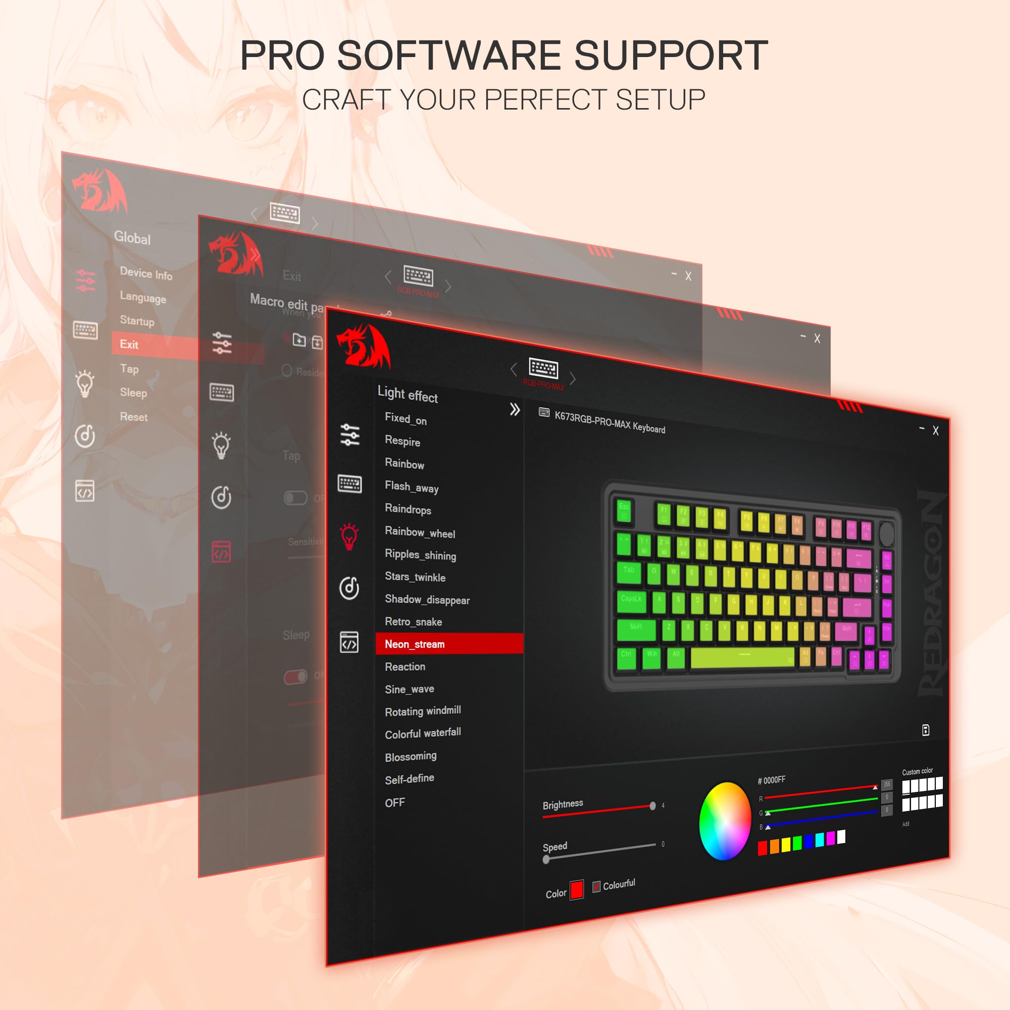 Redragon K673 Pro SE Teclado Gasket RGB 75% 81 Teclas 3 Modos Anime | US Layout Teclado Mecánico Hot Swap 5 Capas Amortiguación Ruido Diseño Anime Iluminación RGB