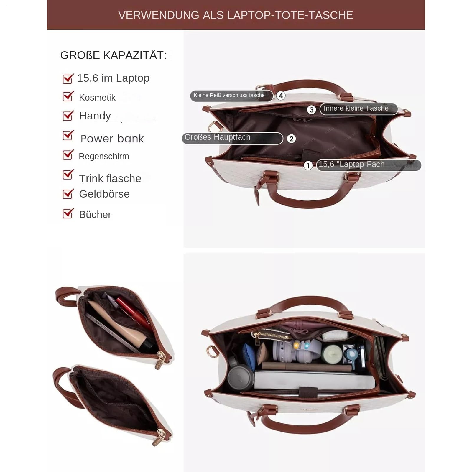 Sac pour ordinateur portable pour femme avec compartiment à déjeuner isotherme, sac à main pour ordinateur portable 15,6", grand sac de travail, sac de travail, sac à bandoulière en cuir, sac à