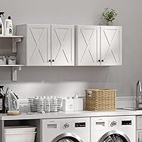 Furnaza Farmhouse Wall Storage Cabinets, White Grain 24"W 2-Pack with 4 Doors & Shelves for Kitchen Laundry
