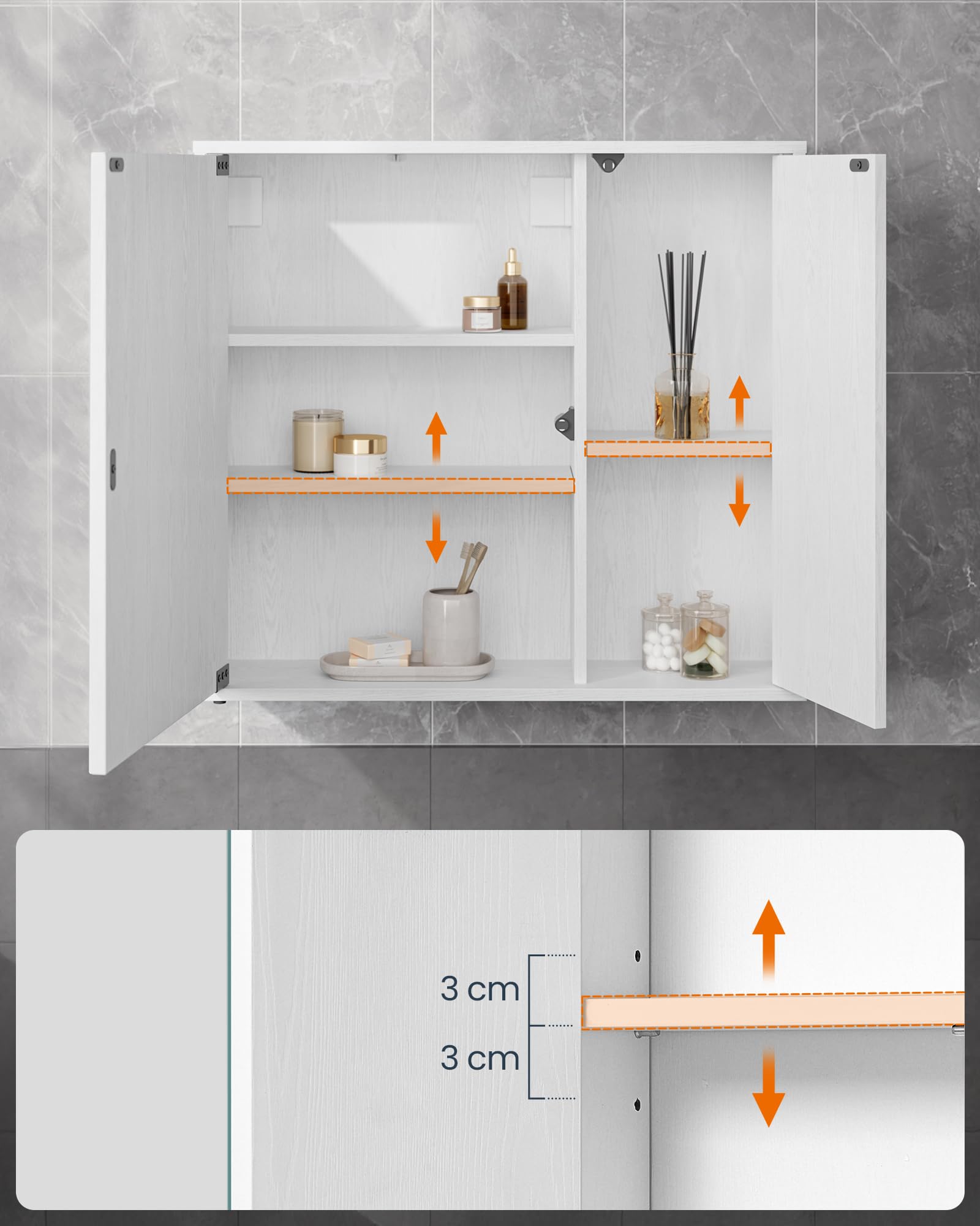 SONGMICS Home Szafka łazienkowa Mirror, technologia beznarzędziowa, superszybki montaż bez użycia narzędzi, lustro łazienkowe, regulowane półki, nowoczesne, 15 x 60 x 55 cm, Snow White BBC114WE01