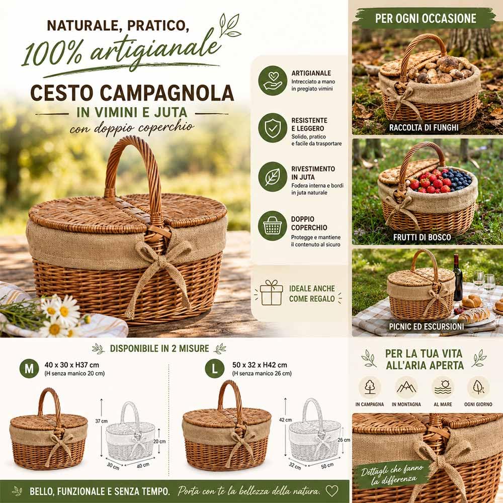 Cesto Picnic in Vimini e Juta con Coperchio e Manico 50x32 h42 cm — Cestino da Pic Nic per 2-4 Persone, Raccolta Funghi, Idea Regalo