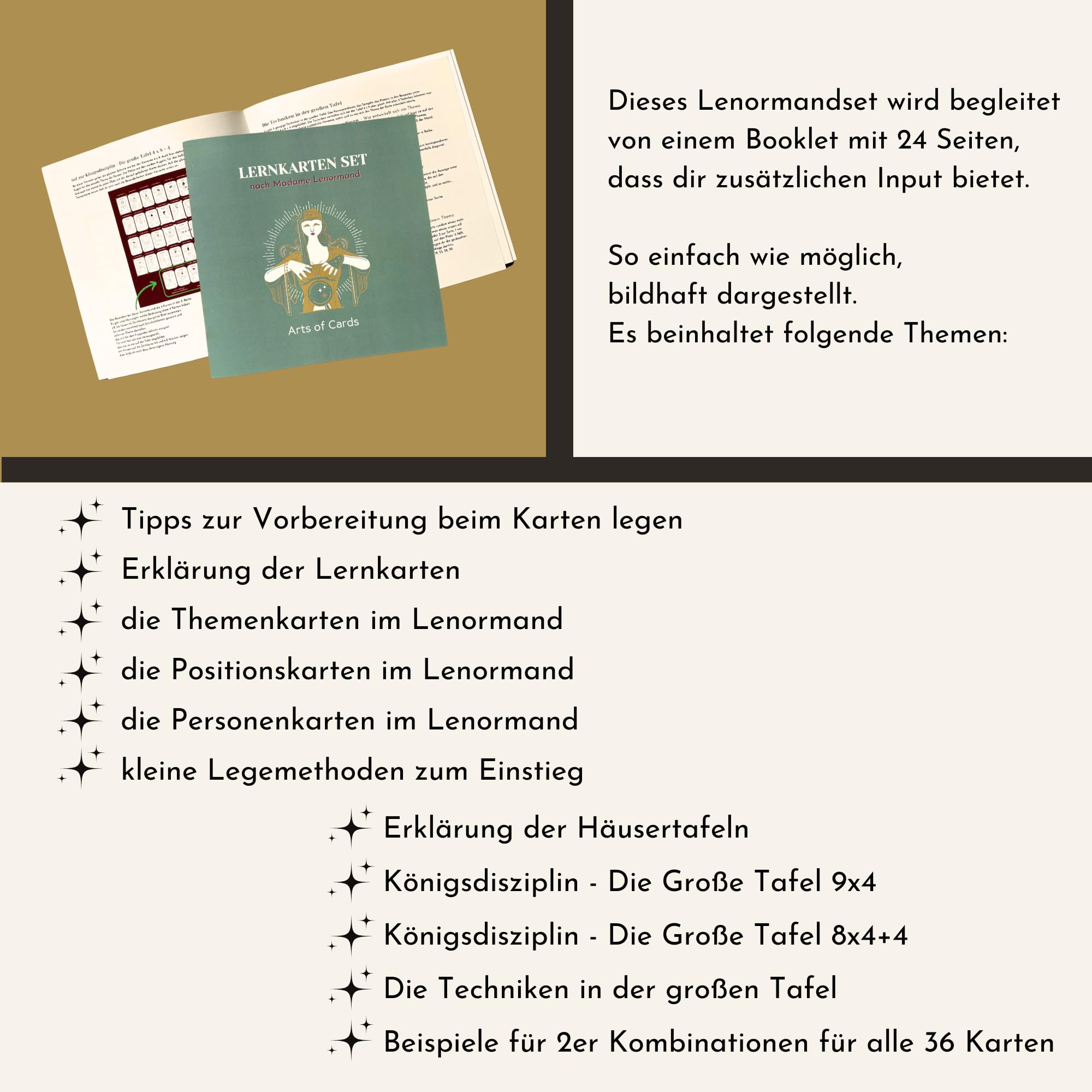 Lenormand Lernkartenset 9x4 für Anfänger und Fortgeschrittene | Grand Tableau Lenormanddeck, Legeschablone als Tuch, Booklet, Kartenlegen lernen