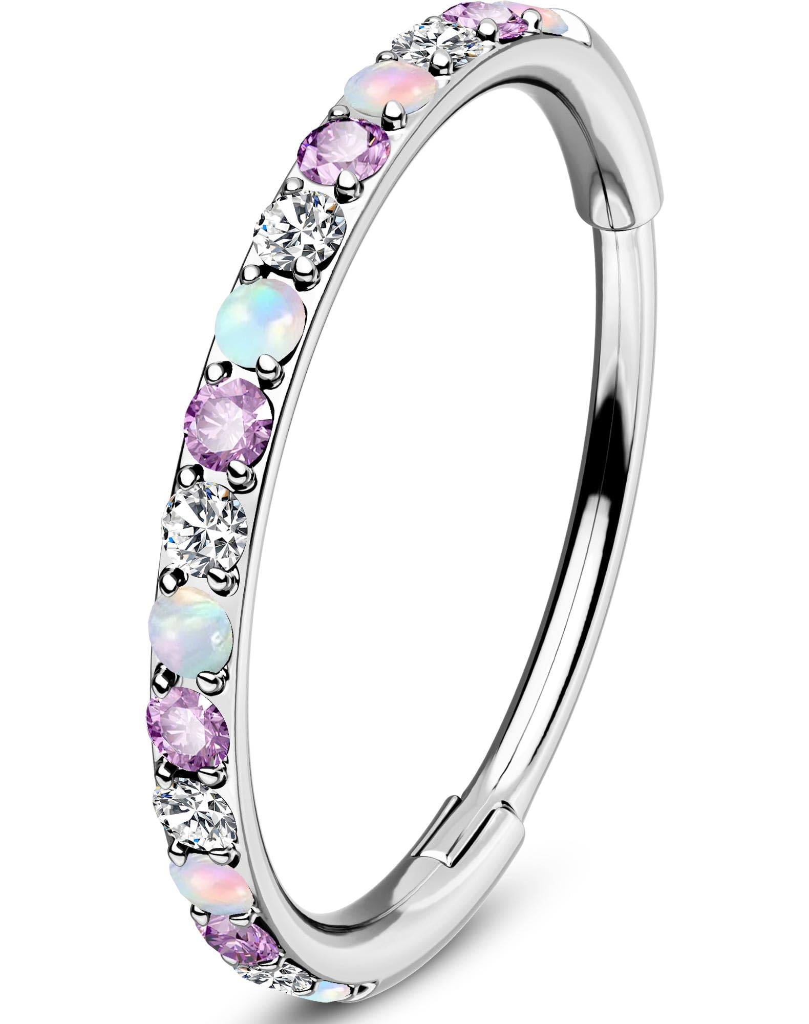 OUFER 20G Clicker Piercing para la nariz, acero quirúrgico 316L, transparente, violeta/negro, CZ y ópalo, cartílago, piercing para mujer, 6/7/8 mm