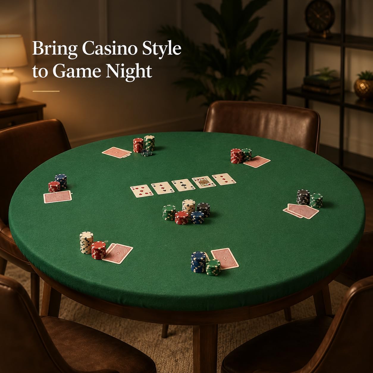Katai – Cubierta Verde para Mesa de póker Estilo Casino – Fieltro elástico para mesas Redondas de 36 a 48" – Antideslizante y Reduce Ruido – Incluye 6 Posavasos