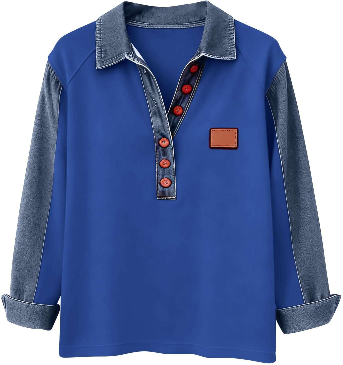 Womens Lounge Long Sleeve Pullover Top Denim Collar Button Front Patchwork Casual Loose Fit Blouse Daily Wear - Image 7