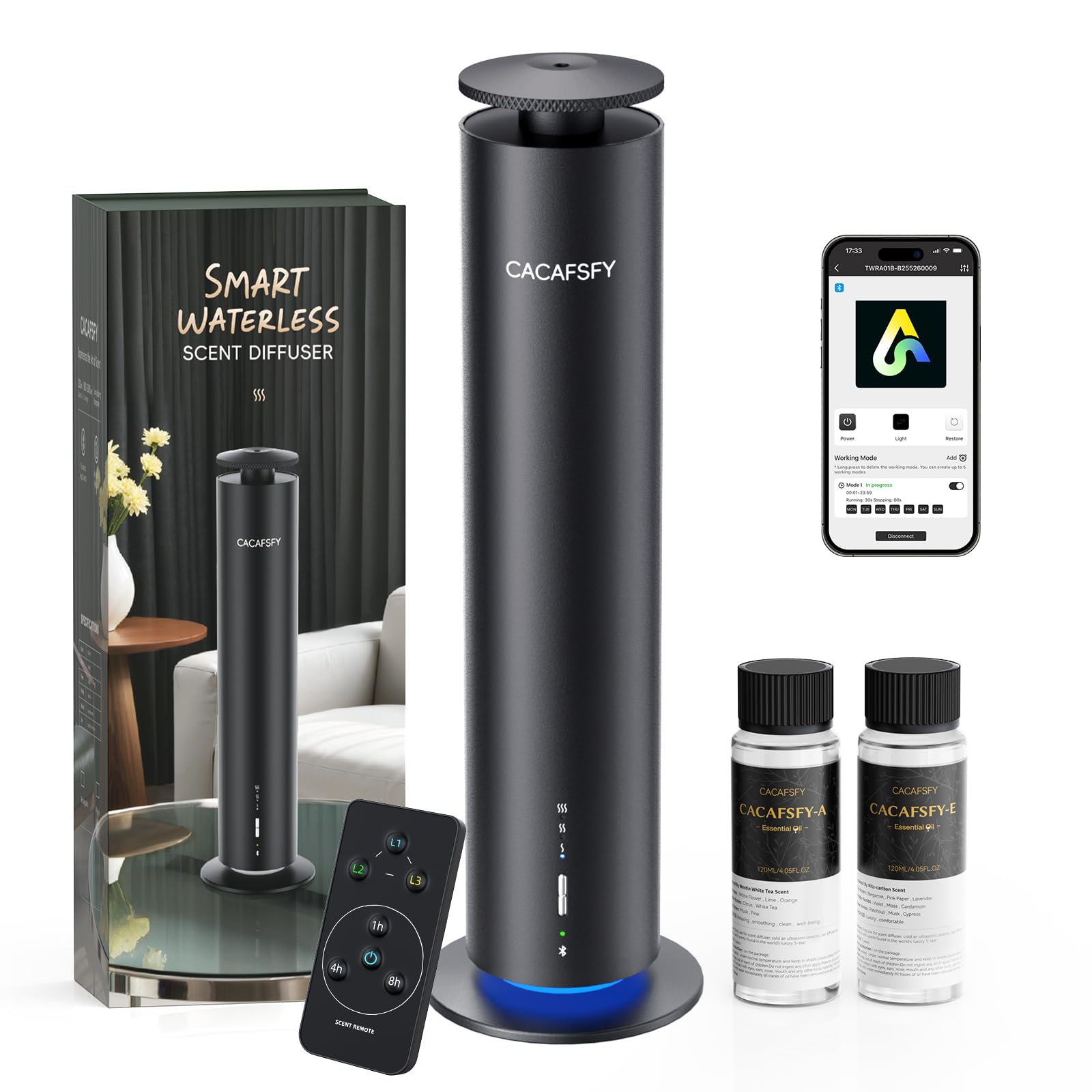 Difusor inalámbrico sin agua para aceites esenciales, difusor de aroma de hotel recargable para habitaciones grandes de hasta 1000 pies cuadrados, aplicación, control remoto y temporizador