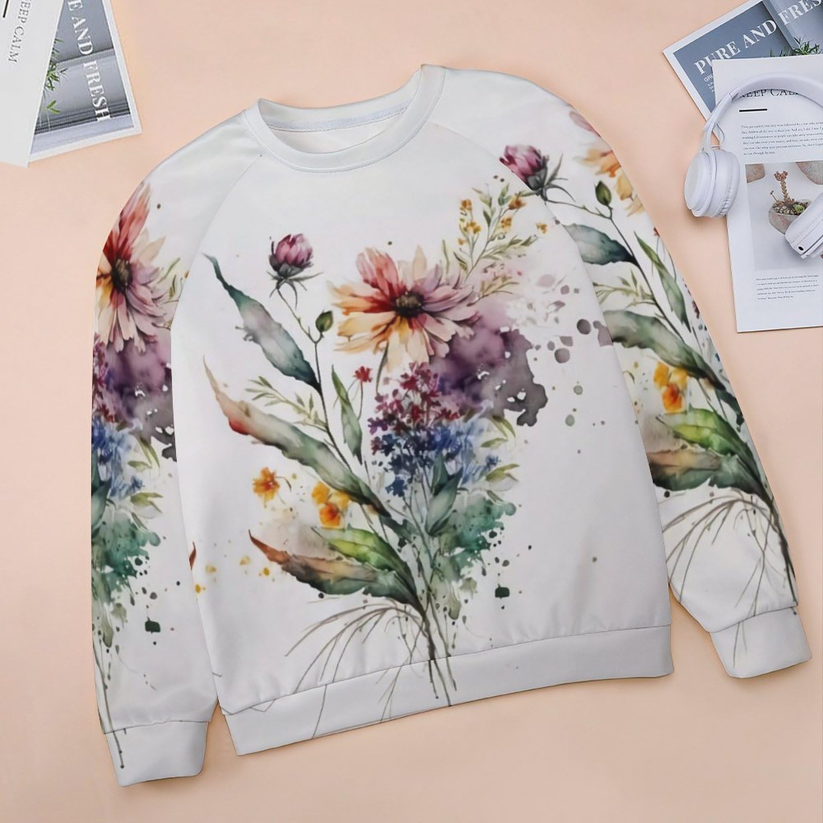 ZOCAVIA Womens Boho Floral Sweatshirts Novelty Graphic Crewneck Long Sleeve Shirts Oversized Fall Casual Flower Pullover Tops