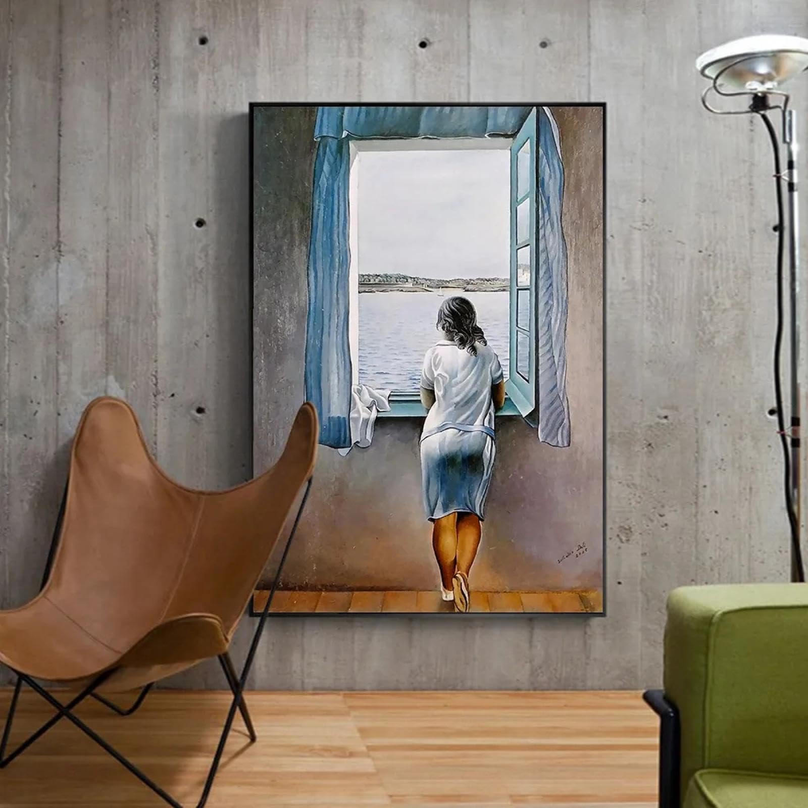 Jonge vrouw Salvador Dali bij een raam | Vintage portretschilderij | Moderne kustlandschapsprint | Afdrukbare muurkunst | Digitale download - Nederland